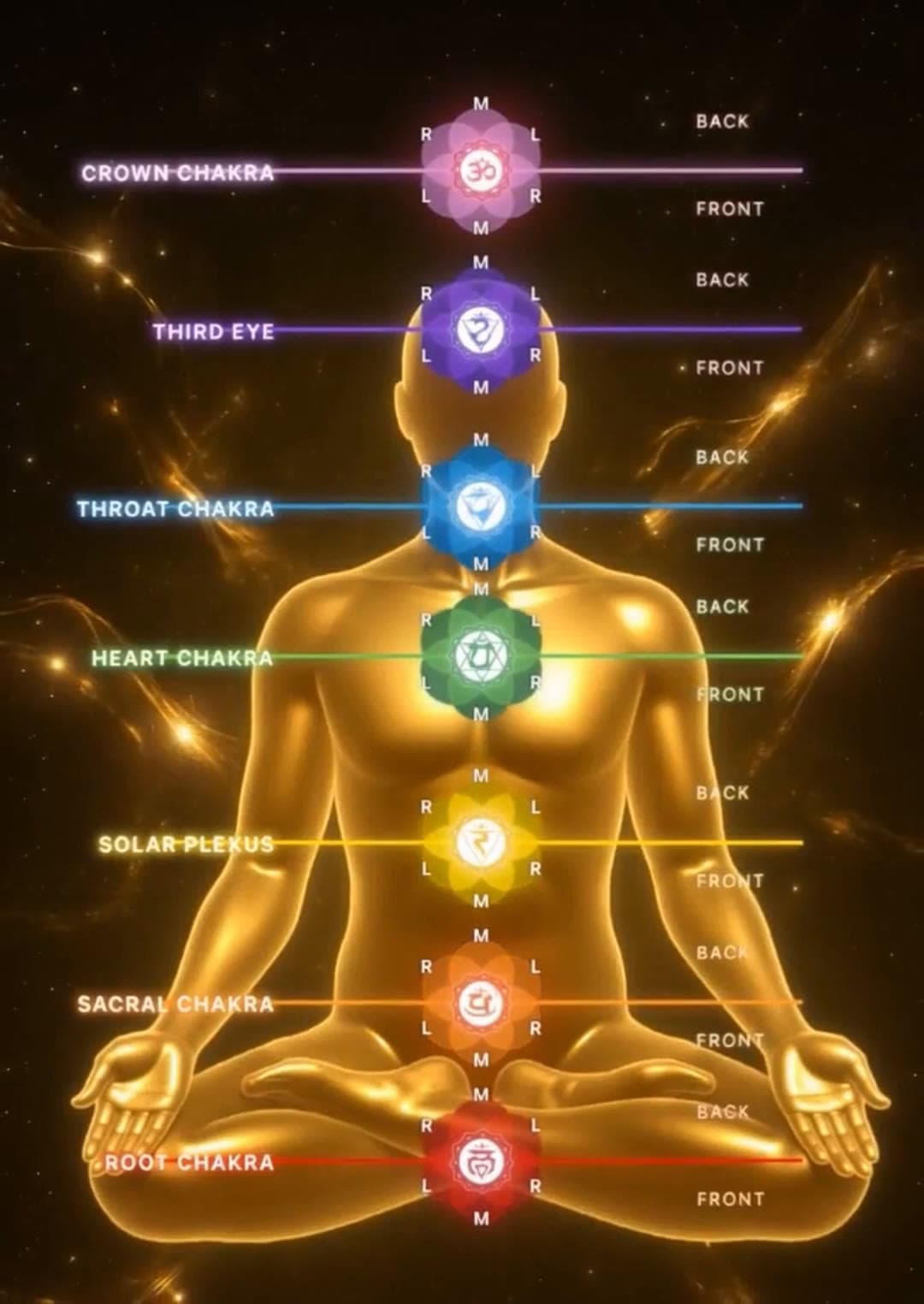 Animated seated light body image with seven chakra centers and front and back reference lines
